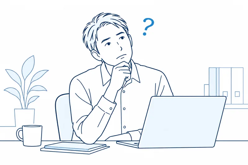 PCの前で首をかしげる人と疑問符