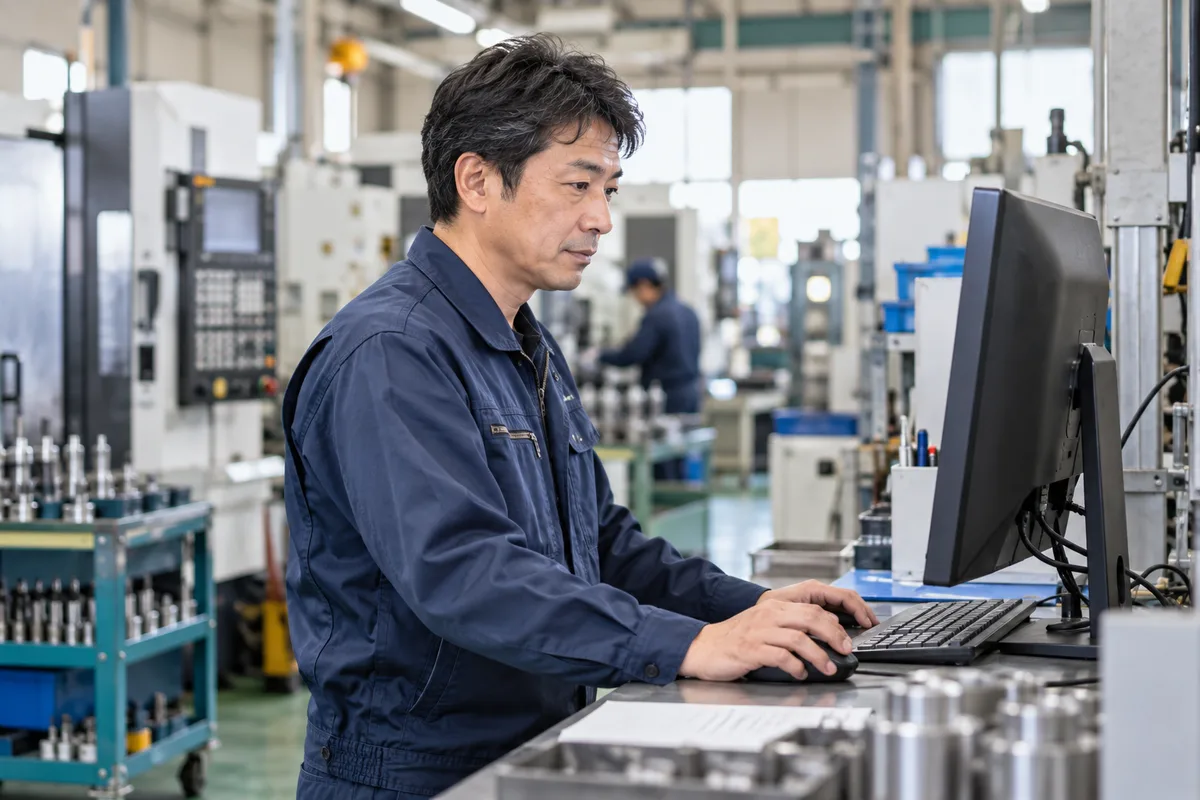 工場の現場でPCを確認する作業着の人物